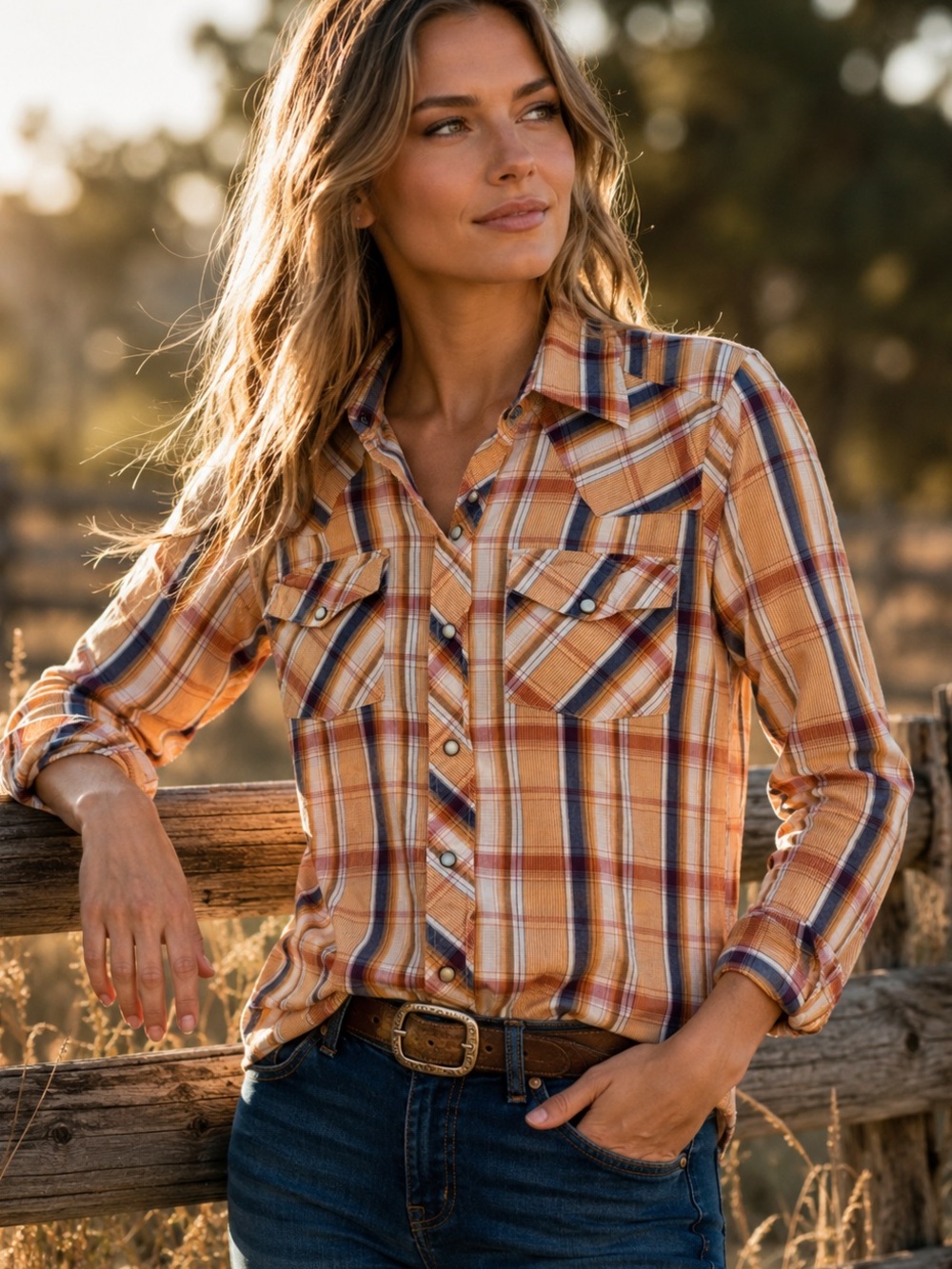 Machine Sz S Cotton Long Sleeve Apricot Plaid Western Shirt Pearl Snap Buttons